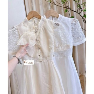 Váy xòe tơ phối ren cổ bèo tiểu thư