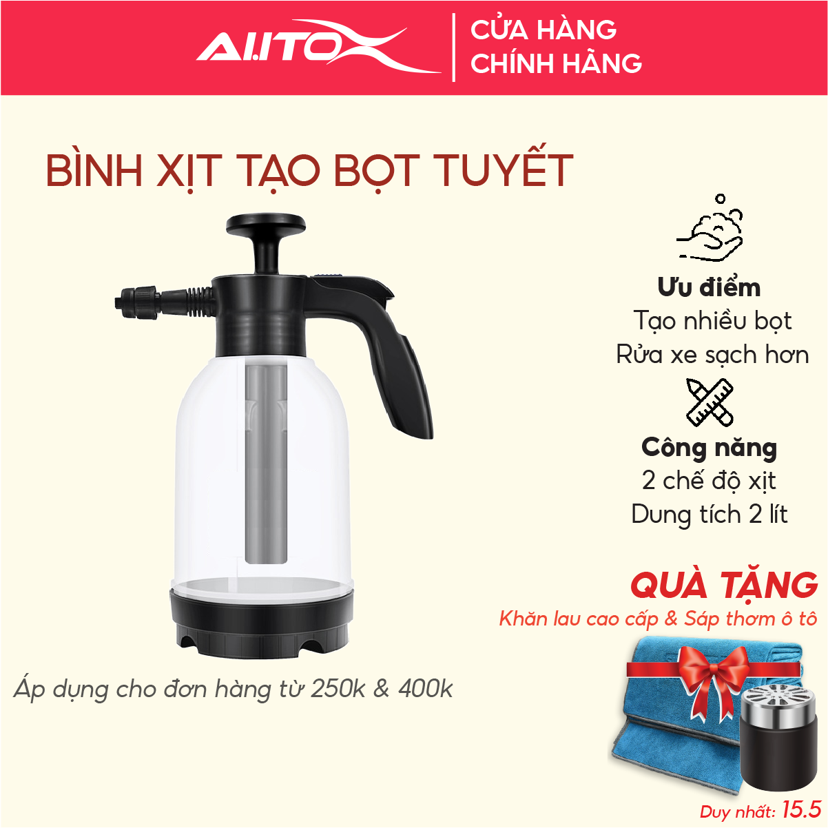Bình xịt bọt tuyết rửa xe ô tô AutoX - 2 chế độ xịt, Dung tích 2 Lít, Áp suất cao, Tạo bọt nhiều