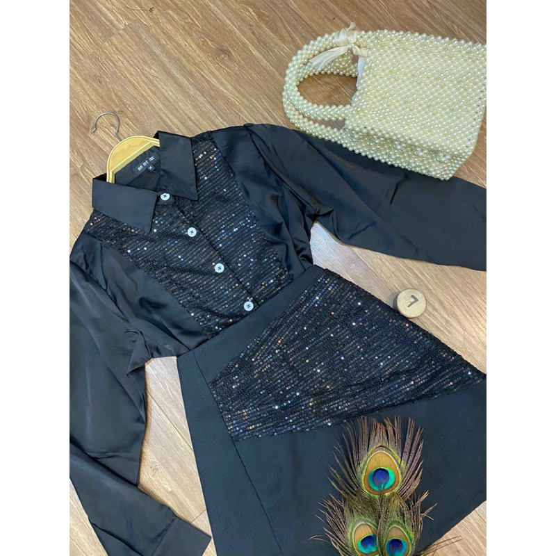 Set áo sơ mi kim sa váy A dây kéo