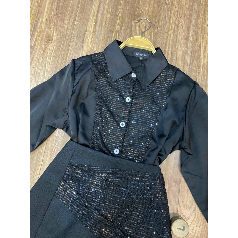 Set áo sơ mi kim sa váy A dây kéo