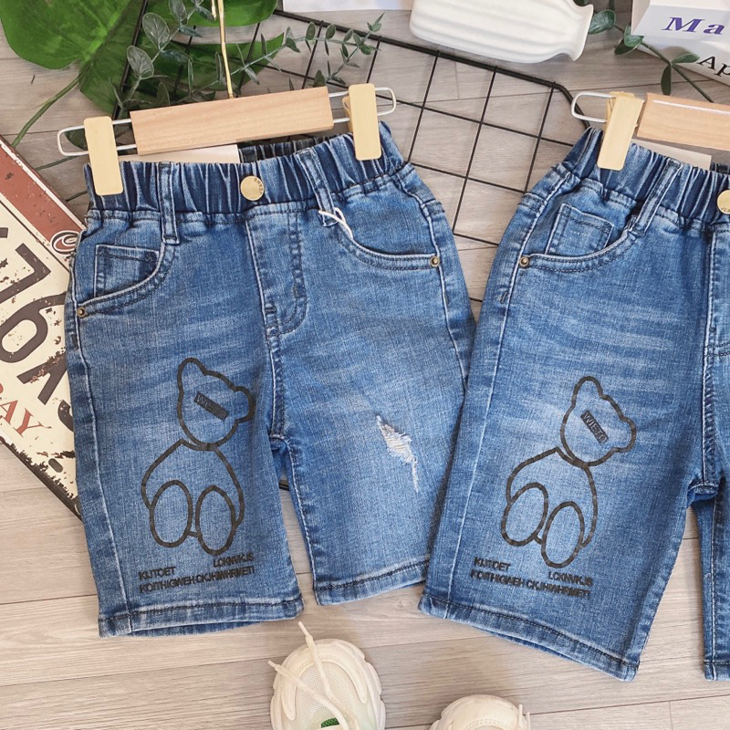 Quần Jean lửng, Quần Jean ngố cho bé trai lưng thun in hình Gấu có size từ 23-47kg