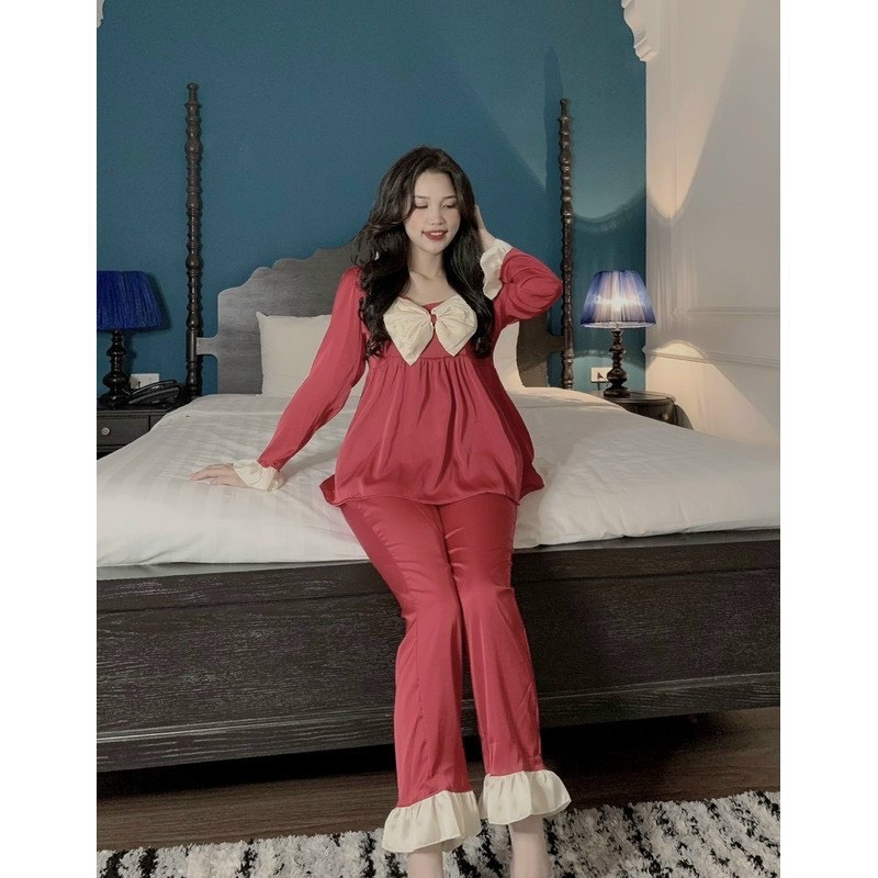 Đồ ngủ mặc nhà dài tay thu đông bộ nơ, bộ ngủ tiểu thư tay dài quần dài dễ thương đeo nơ, vải kate mềm.