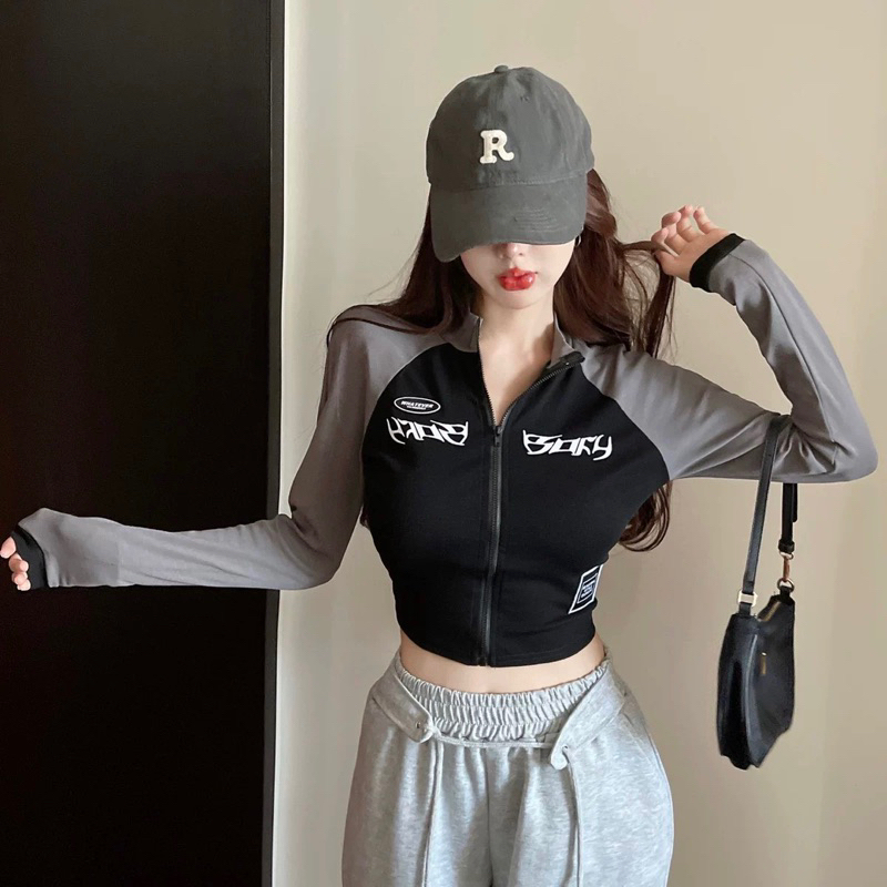 Áo thun croptop dây kéo dài tay , Áo khoác thể thao in chữ SORRY SORRY tay dài phối màu raplan dáng ngắn croptop nữ