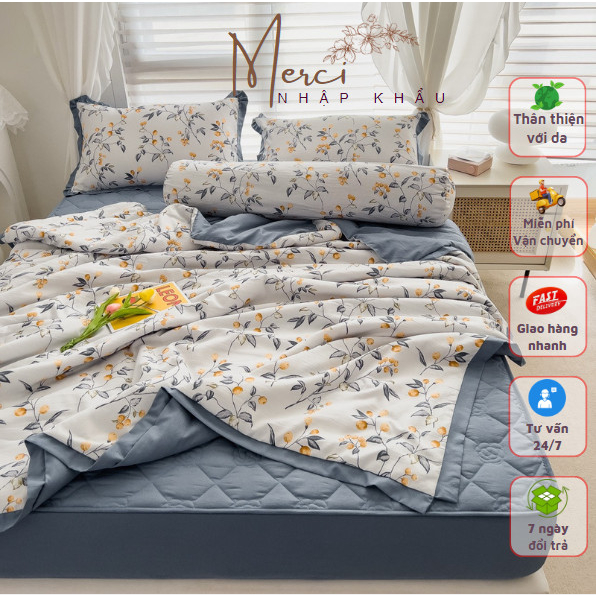 Bộ 5 món cotton chăn, ga trần bông bọc đệm chắc chắn, thấm hút mồ hôi tốt By Merci