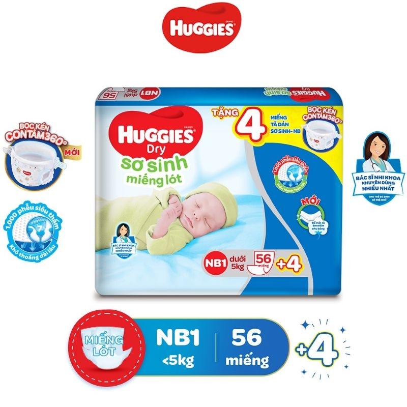《HCM》Miếng lót sơ sinh Huggies dành cho bé dưới 5kg dùng chung tã vải :  NB1-100+9 /  NB2 - 60 / NB1-56+4
