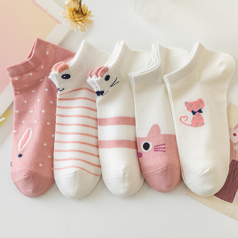 Tất nữ cổ ngắn cute họa tiết Mèo Sọc hồng, vớ nữ cổ thấp vải cotton phong cách vintage style hàn quốc Howdy N28