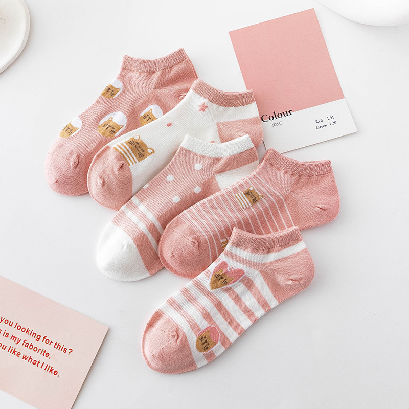 Tất nữ cổ ngắn cute họa tiết Mèo lười hồng, vớ nữ cổ thấp vải cotton phong cách vintage style hàn quốc Howdy N27