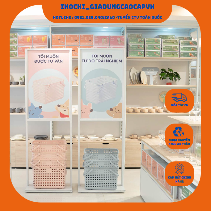 Giỏ xách quai giữa có nắp, làn đi sinh Inochi - Nachi màu Trắng/Xanh nhạt/Hồng nhạt