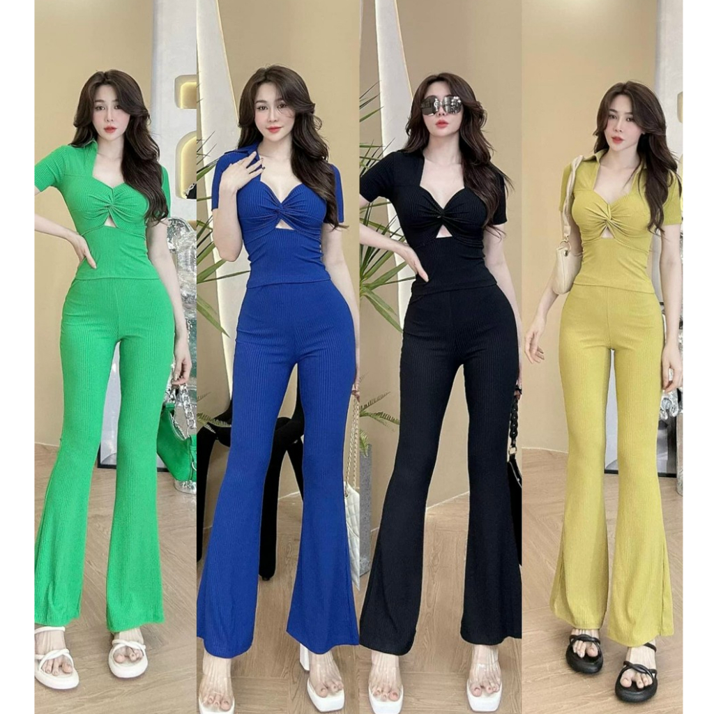Set bộ áo ngắn tay chéo ngực mix quần dài ống loe xinh xắn, đáng yêu phù hợp đi chơi, dạo phố