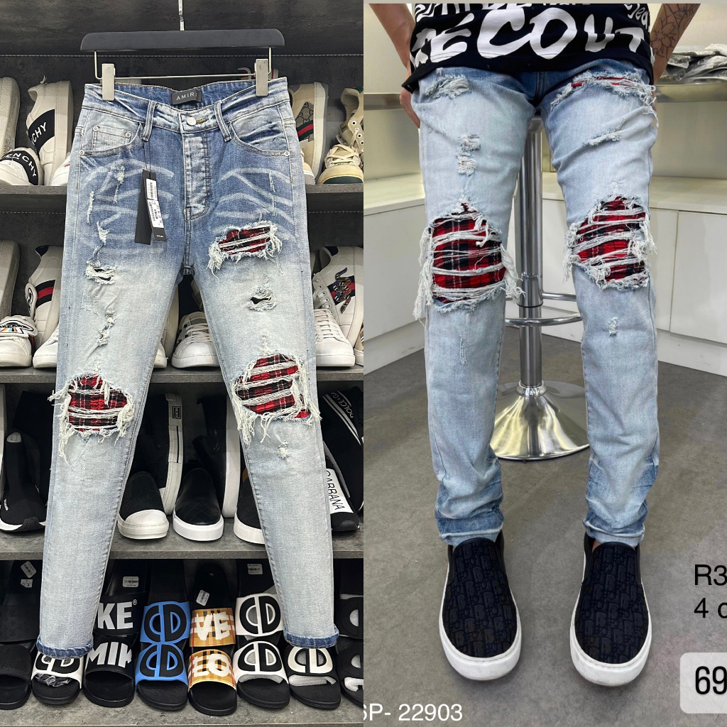 Quần AMIRI Like_AU Xanh Khói Gối Đỏ Quần Jeans Nam Slimfit Wash Amiri màu xanh loang chất co dãn 4 chiều | BigBuy360 - bigbuy360.vn