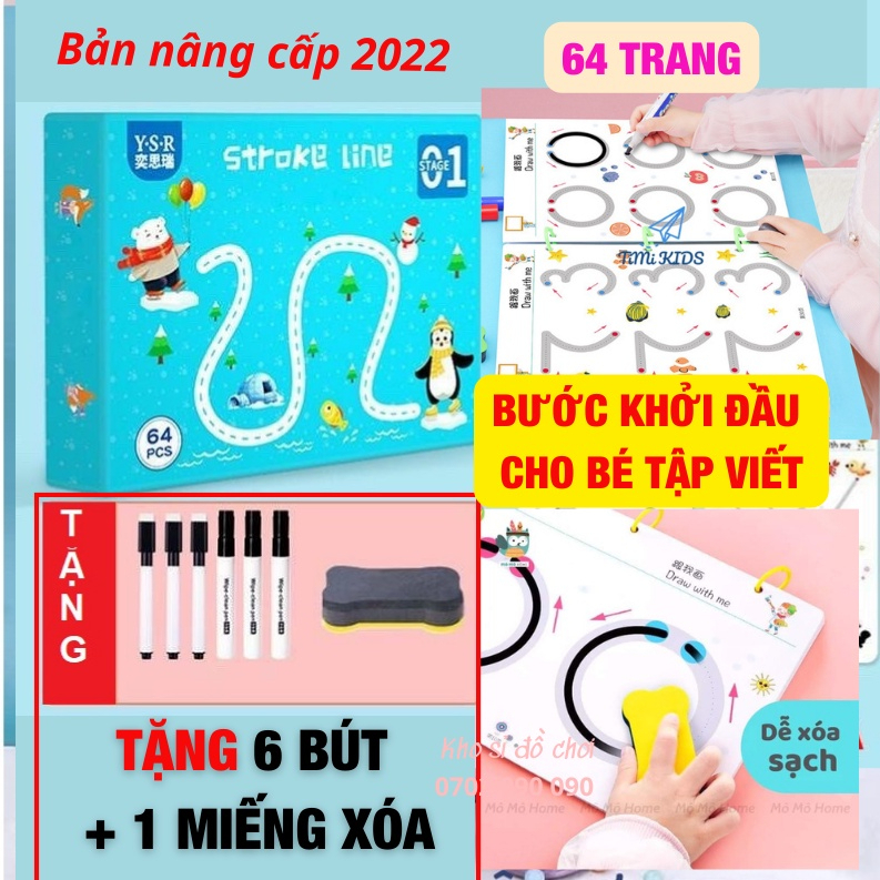 Combo tập tô vẽ thông minh xóa được 64 trang kèm bút dạ - Đồ chơi Giáo Dục học liệu Montessori cho bé từ 2 3 4 5 tuổi