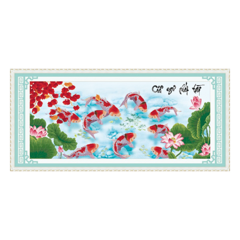Tranh thêu chữ thập cá Cửu Ngư Phát Tài hoa sen 3D AL53270 |141x60cm| chưa thêu