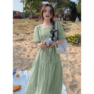 ĐẦM  MAXI CỔ VUÔNG CỘT EO TAY BỒNG