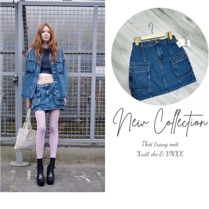 Chân váy jean ZR phối túi hàng dư xịn có quần
