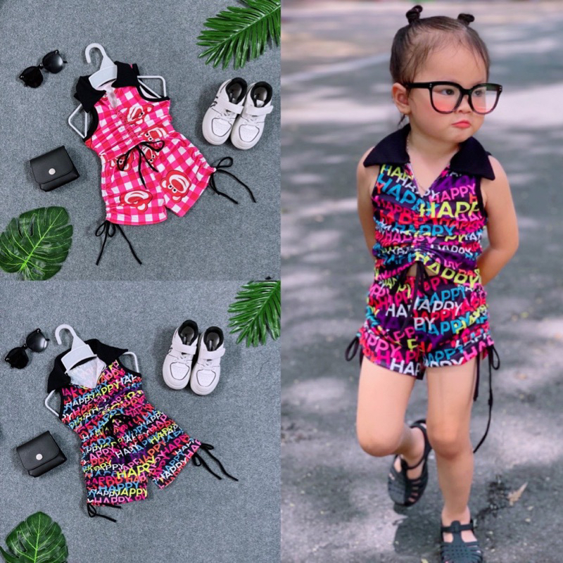 Set Áo Thun Cổ Trụ Hoạ Tiết Phối Quần Đùi Rút Dây Thời Trang