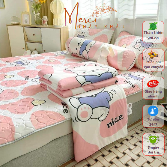 Bộ chăn ga gối 5 Món Chiếu Cao Su 5D, Chun Cài 4 Góc, Kèm Chăn Mền Thun Lạnh, Vỏ Ôm Mềm Mại Mới Nhất 2023 by Merci