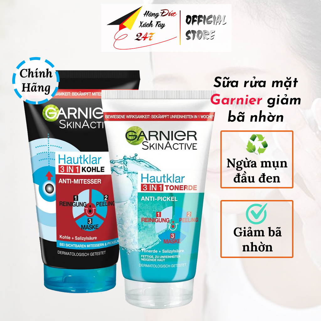 Sữa rửa mặt giảm bã nhờn, tẩy da chết GARNIER 3in1 giảm mụn cân bằng PH cho da <Hàng Đức 150ml>