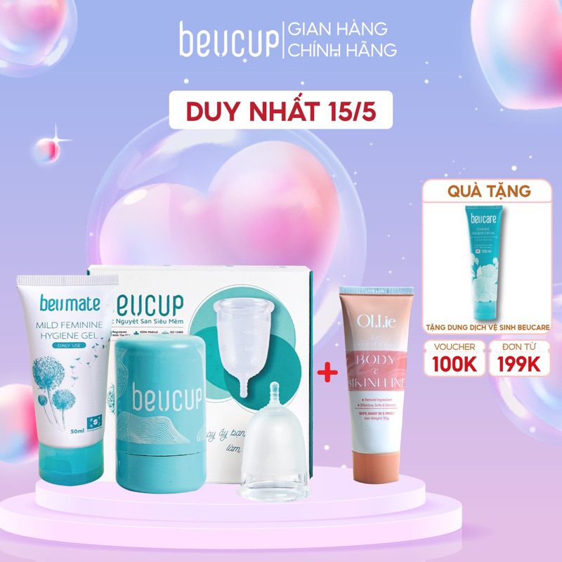 Combo bộ cốc nguyệt san BeUcup chính hãng chuẩn FDA Hoa Kỳ + kem tẩy lông Ollie dịu nhẹ, thơm mát