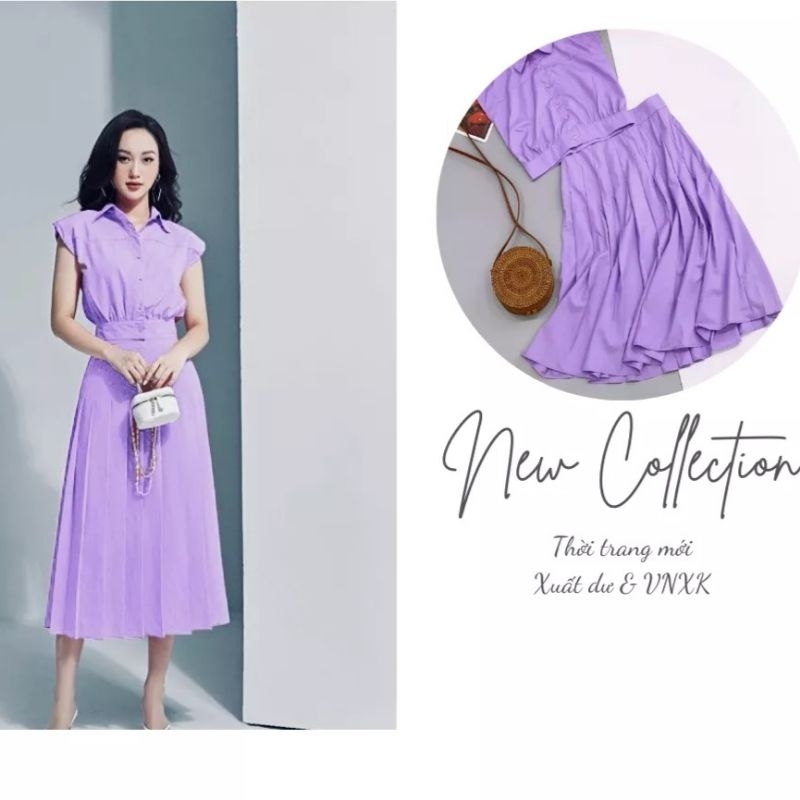 Set trang phục bộ áo và chân váy xếp ly màu tím vải thô mềm đứng form
