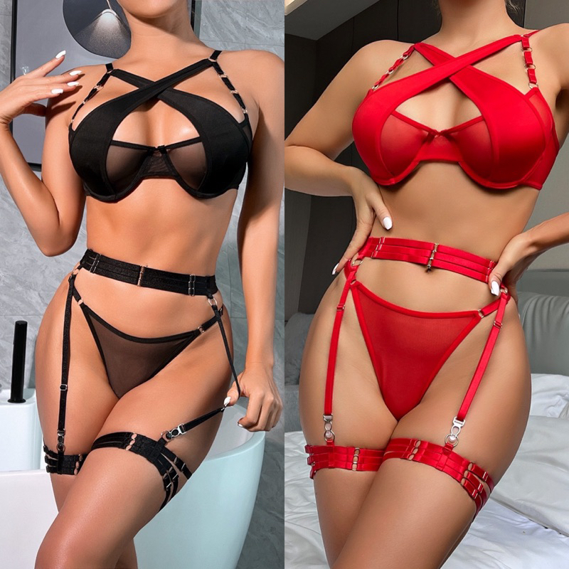 SET NỘI Y 3 MÓN ĐEN/ĐỎ CHÉO CỔ KÈM ĐAI EO