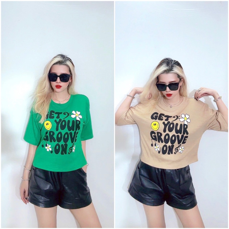 Áo croptop cánh dơi form rộng thun sốp dày in chữ đen, 2 màu