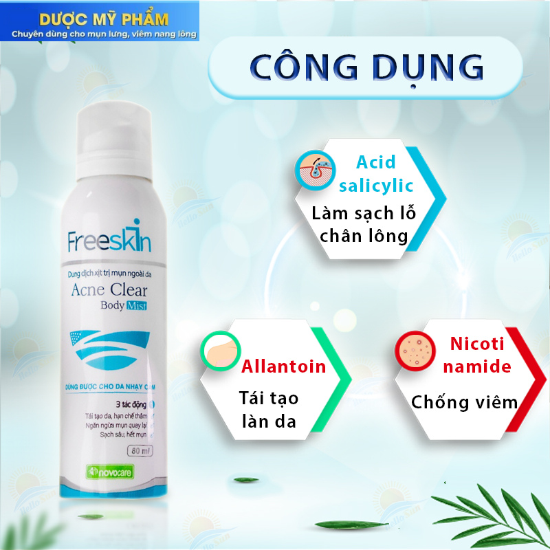 Combo 2 xịt mụn lưng, viêm nang lông Freeskin, Giảm viêm nang lông, mụn lưng, ngực mông, mờ thâm 80ml Shop Hello Sun