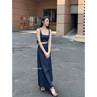 Set crop dây denim bo thun lưng chân váy midi