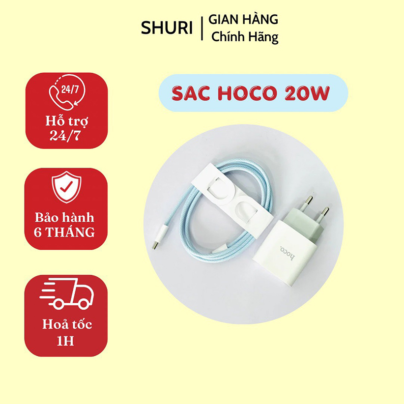 Bộ Sạc Nhanh HOCO 20W Dây Dù / Sạc Nhanh 20W Chân Tròn 2 Cổng Sạc Nhanh Cho IP Từ 8 Trở Lên - Bảo Hành 6 Tháng