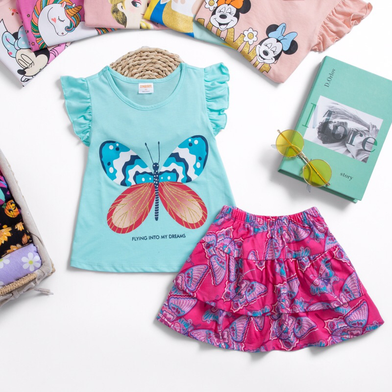 Bộ cotton bé gái, áo thun+chân váy 2 tầng