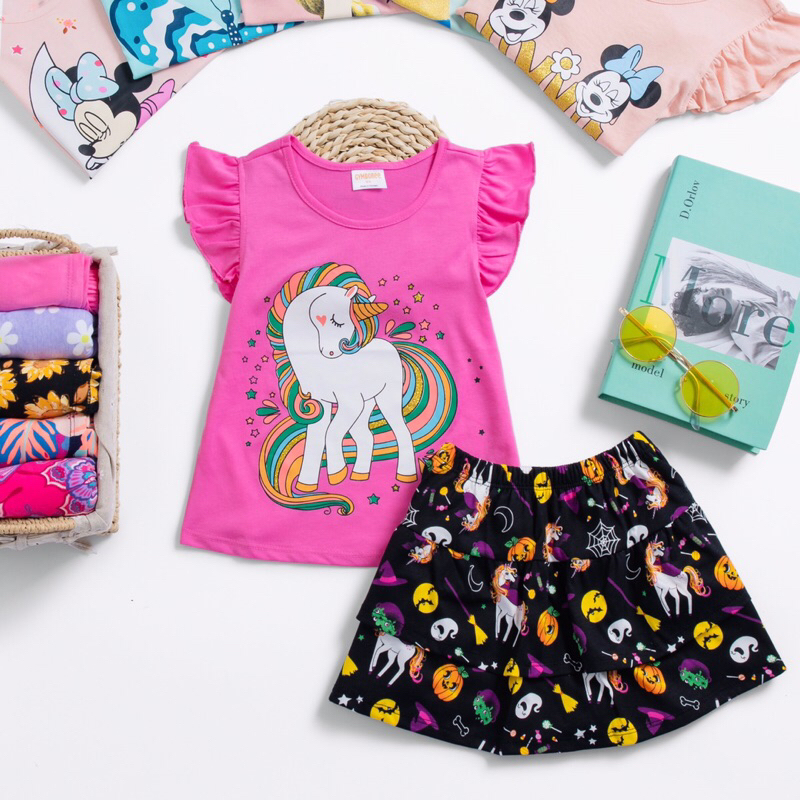 Bộ cotton bé gái, áo thun+chân váy 2 tầng