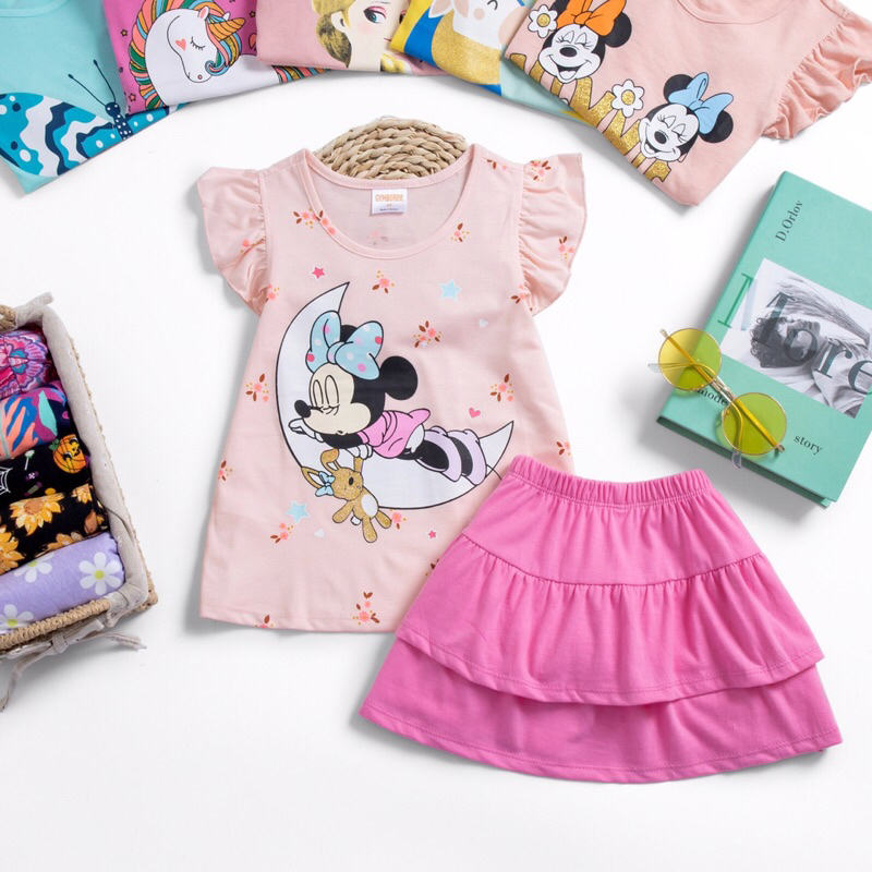 Bộ cotton bé gái, áo thun+chân váy 2 tầng