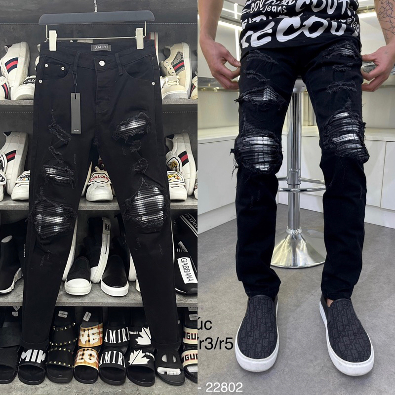 Quần JEAN 4 Khuy Vá Gối Kim Tuyến Quần Skinny Jean Nam Rách Gối Da Đen Vá Gối Họa Tiết Hot