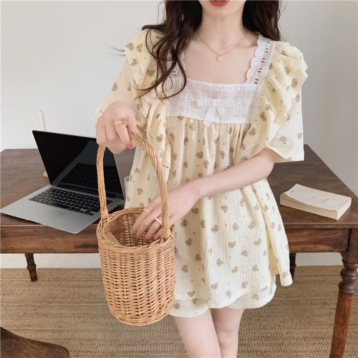 Đồ bộ mặc nhà chất xô Hàn thoáng mát, đồ ngủ hoạ tiết nơ đáng yêu