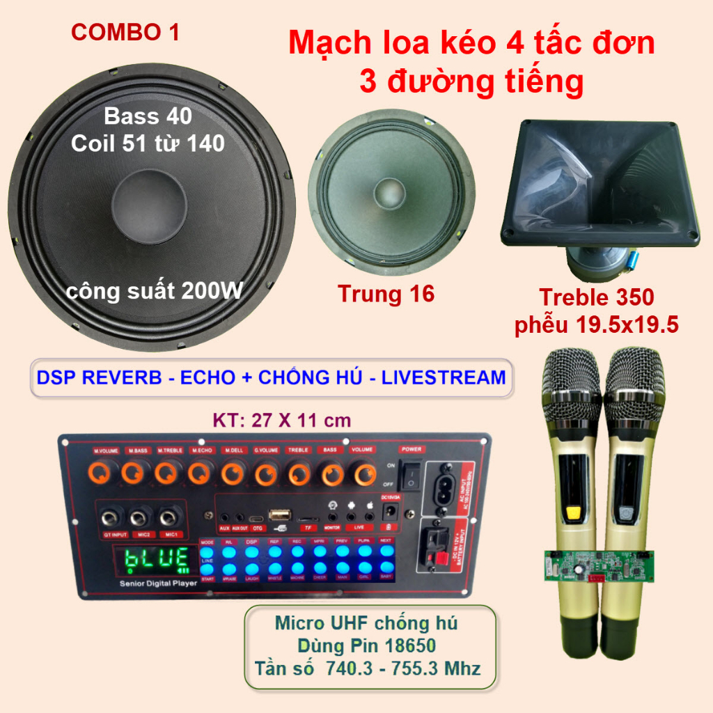 Mạch loa kéo 4 tấc đơn LIVESTREAM DSP REVERB – ECHO CHỐNG HÚ IC CS3855 170W – 300W kèm Micro