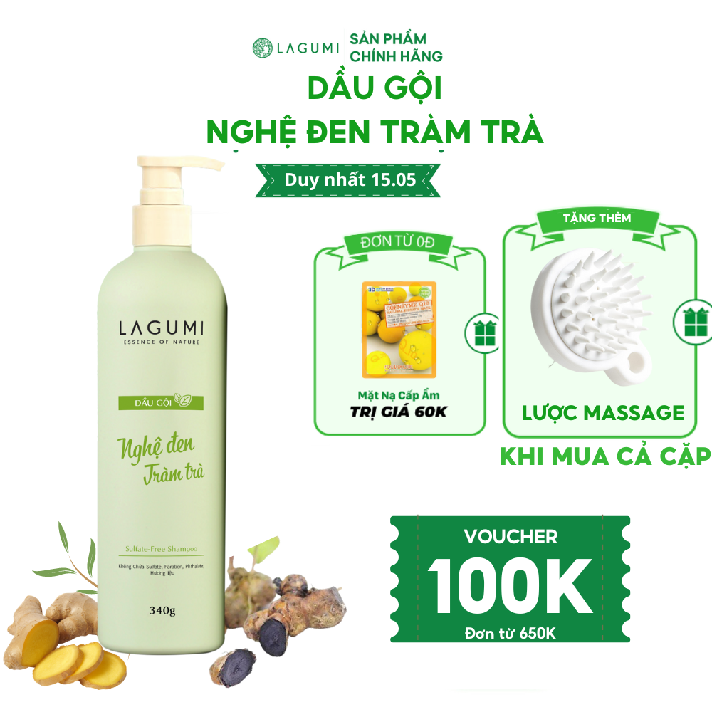 Dầu gội thảo dược Lagumi chiết suất nghệ đen tràm trà giúp ngăn rụng tóc, làm sạch sâu da dầu dung tích 340gr