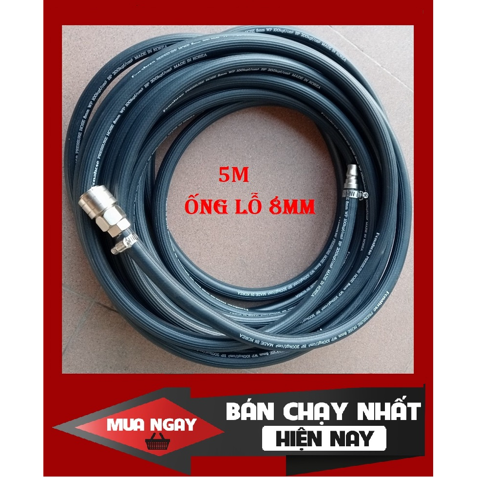 Dây hơi cao su bố vải 5m, made in Korea, lỗ 8mm, kèm bộ đầu nối nhanh cao cấp (SS1983) (SS6704)