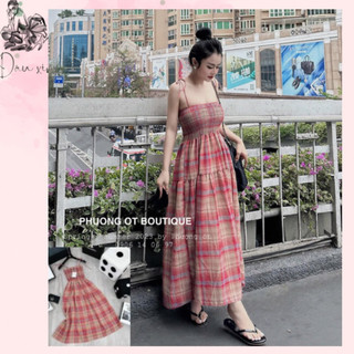 Váy maxi 2dây caro đỏ chun ngực