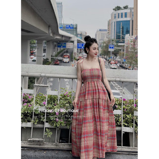 {Size S-XL} Váy Maxi 2Dây Caro Đỏ Chun Ngực