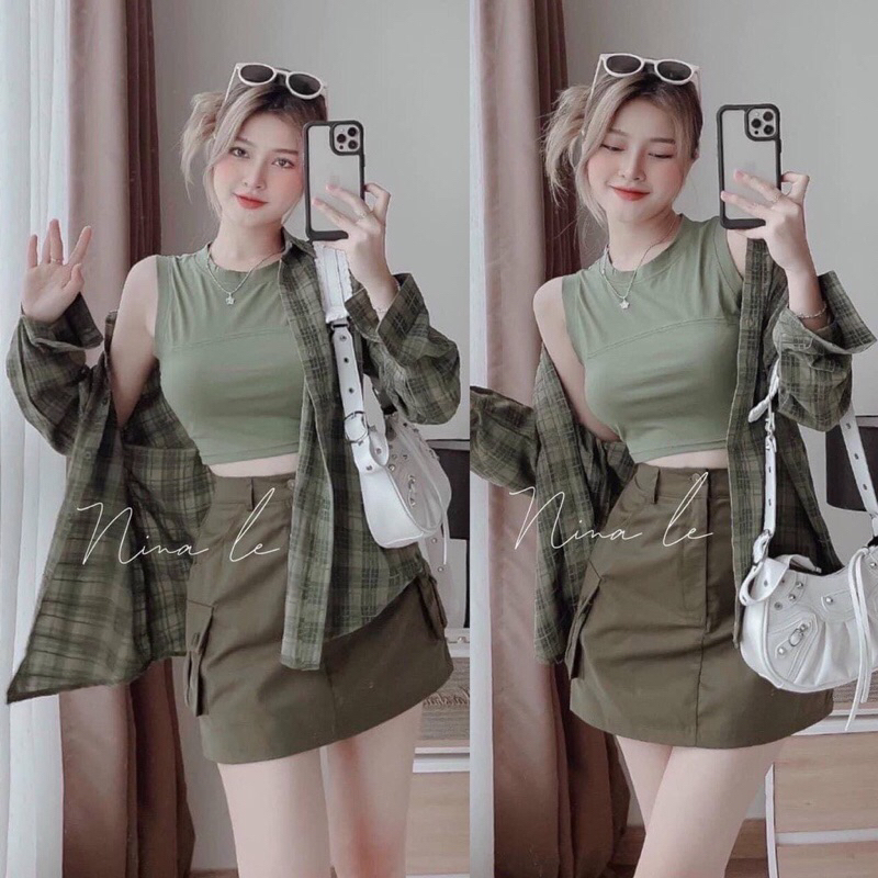 Set 3 Món Áo ba lỗ Chân Váy Kaki Túi Hộp Kèm Áo Sơ Mi Kẻ Xanh Bộ Đội