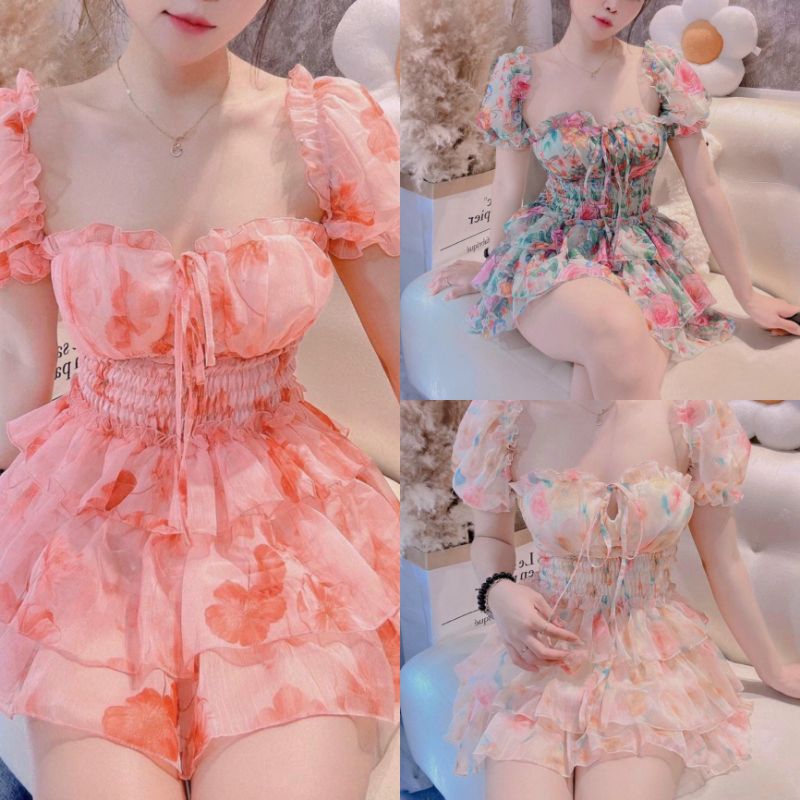 Váy hoa cúp ngực tay bồng có quần siêu xinh ( hình thật)