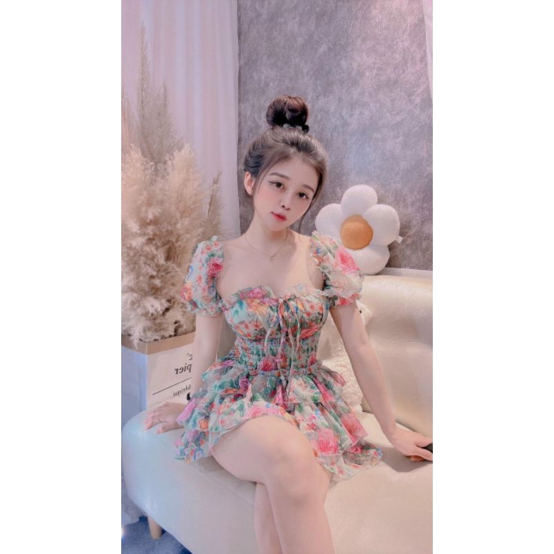 Váy hoa cúp ngực tay bồng có quần siêu xinh ( hình thật)