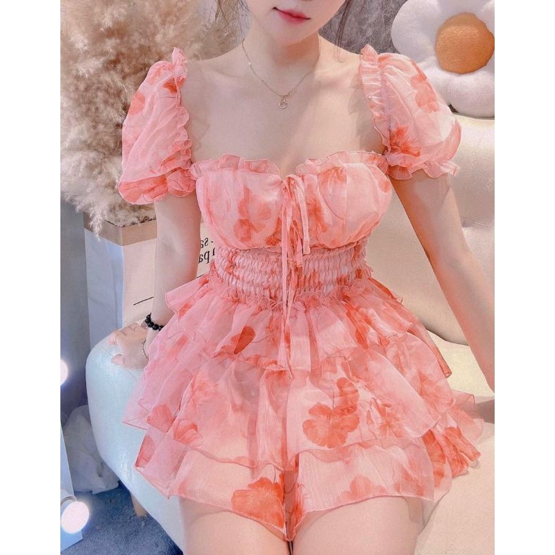 Váy hoa cúp ngực tay bồng có quần siêu xinh ( hình thật)