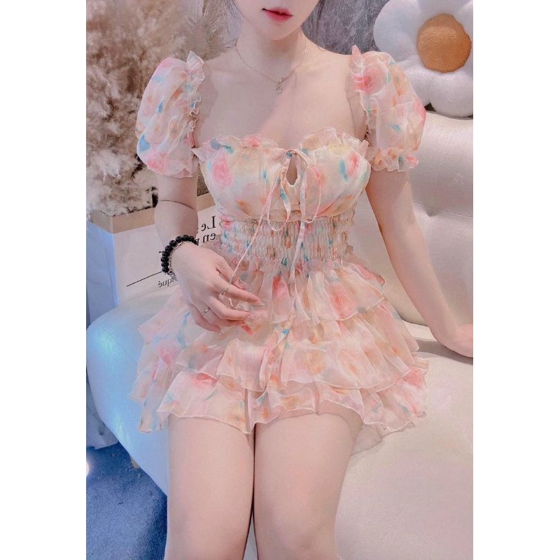 Váy hoa cúp ngực tay bồng có quần siêu xinh ( hình thật)