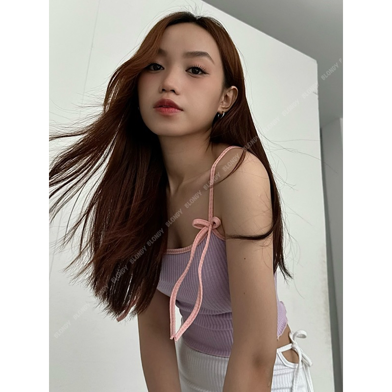 Áo croptop thun gân viền màu đính nơ dáng ôm - CROPTOP HAI CÁI NƠ