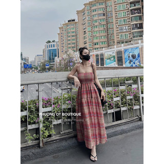 {Size S-XL} Váy Maxi 2Dây Caro Đỏ Chun Ngực