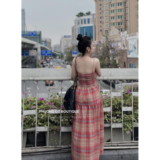 {Size S-XL} Váy Maxi 2Dây Caro Đỏ Chun Ngực