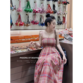 {Size S-XL} Váy Maxi 2Dây Caro Đỏ Chun Ngực