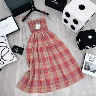 {Size S-XL} Váy Maxi 2Dây Caro Đỏ Chun Ngực