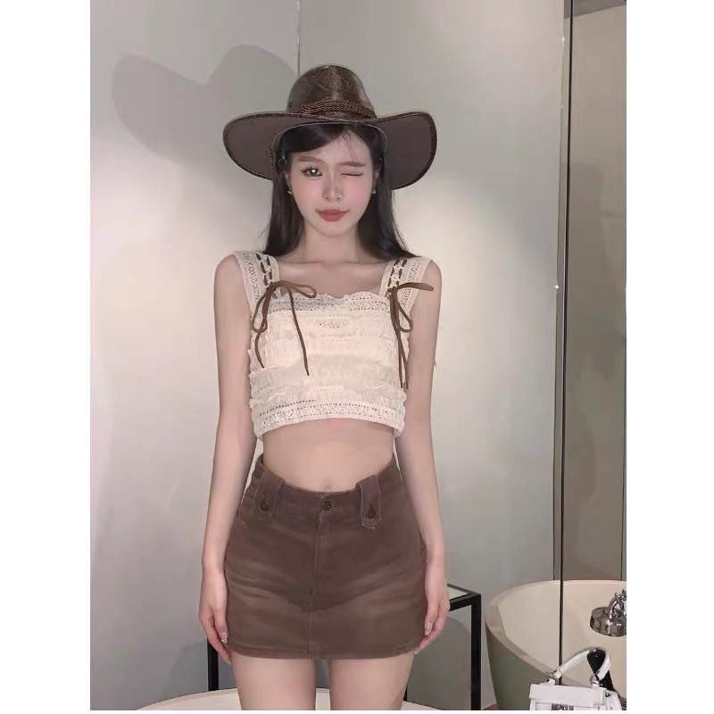 Áo Ren Xốp 2 Dây dáng Croptop Cổ Vuông buộc đan dây Nơ - Áo Ren Sợi 2 dây đi biển - Áo Len Đan Dây Croptop