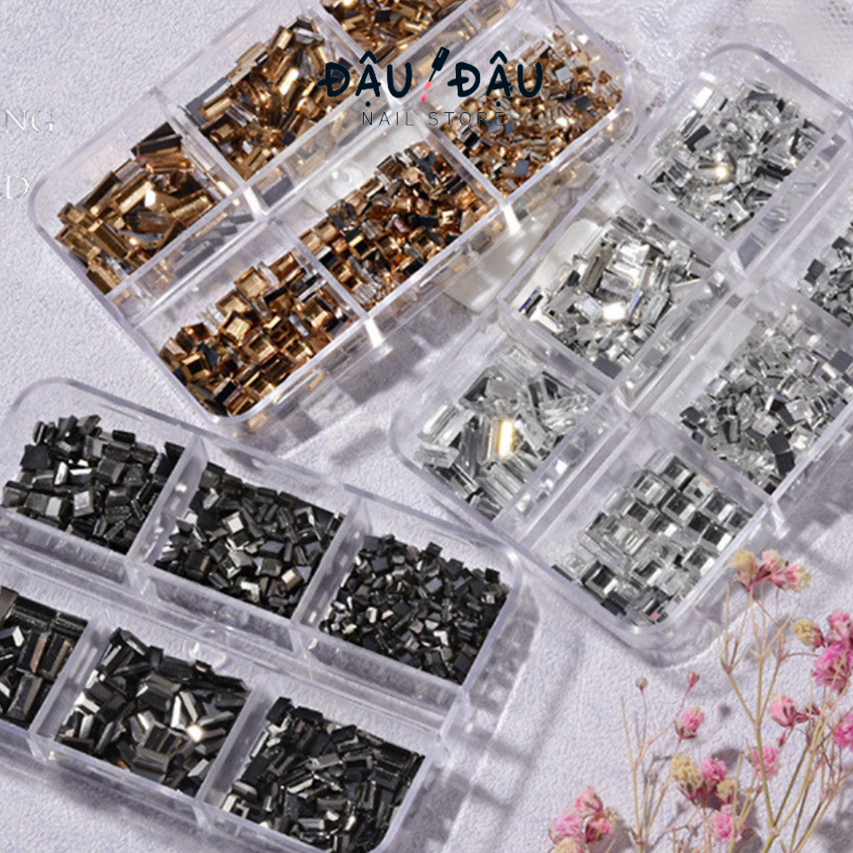 Hộp 600 hạt Pha Lê tráng gương 6 ngăn nhiều hình dạng đính móng tay trang trí cực bắt sáng - Khay đá pha lê 6 ngăn